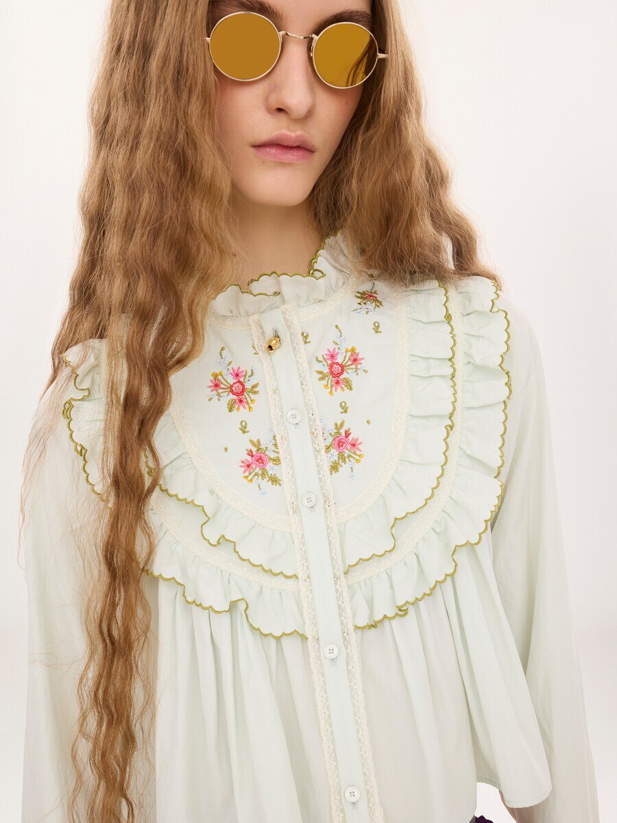 Cropped ruffled blouse in silk & cotton poplin - 6