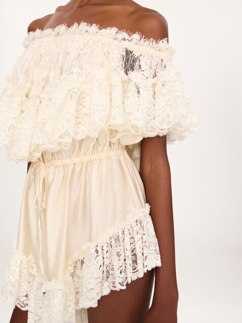 Off-the-shoulder mini jumpsuit in washed silk satin & lace