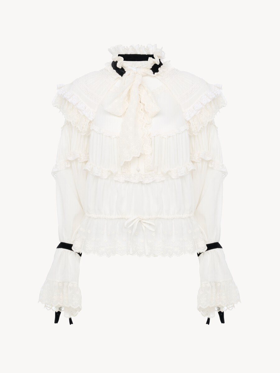 Tie-front ruffle top in silk mousseline & lace - 2