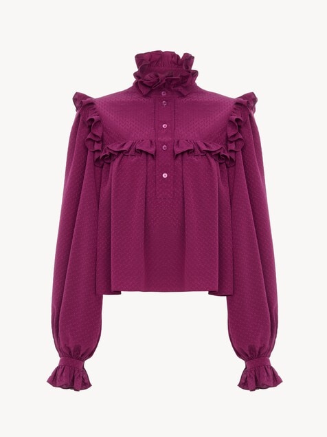 Top de cuello alto con volantes de jacquard de seda