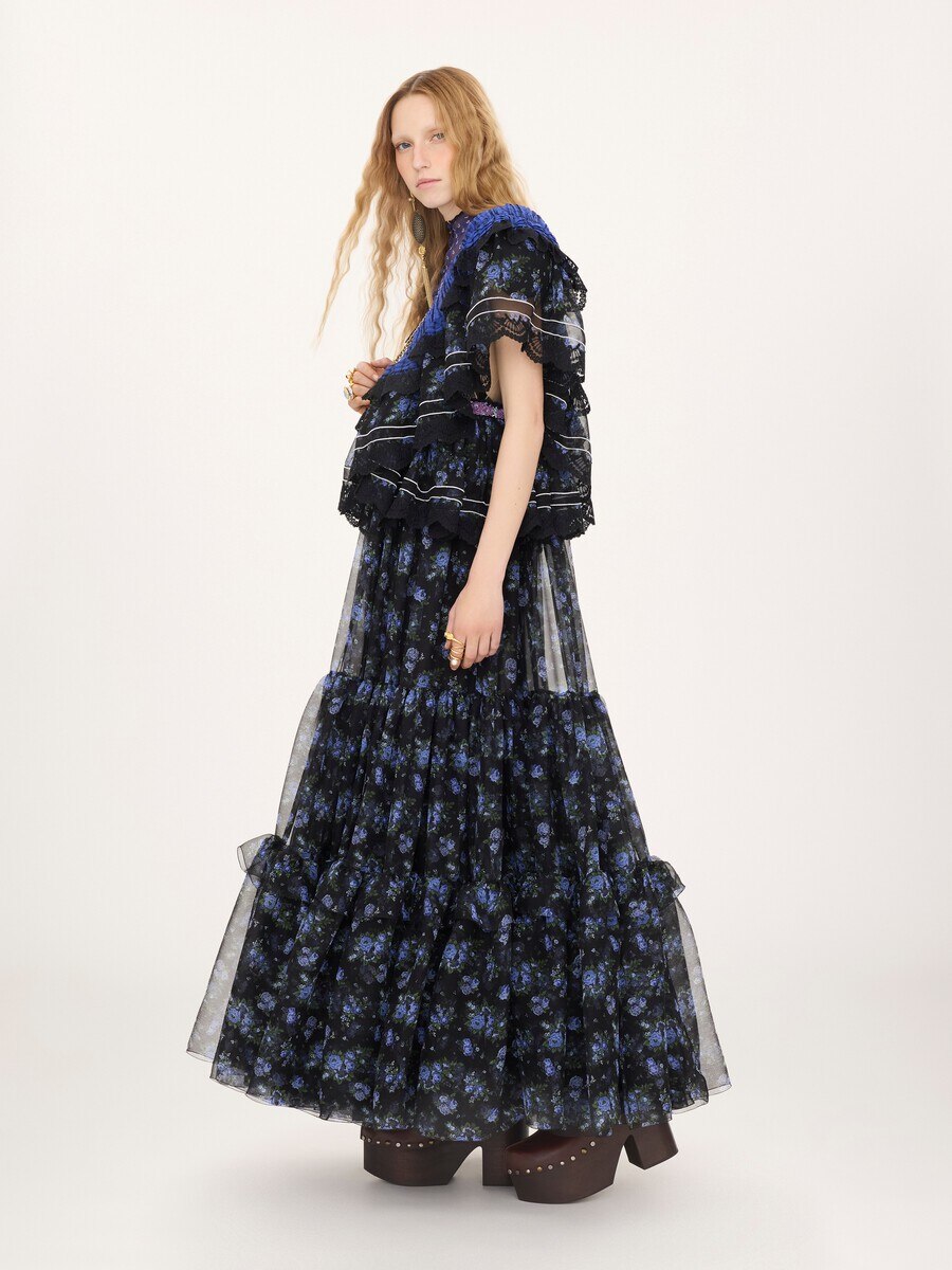 Ruffled long dress in silk mousseline & lace - 7