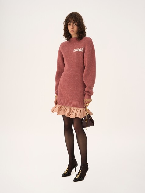 Minivestido de manga larga con logotipo de punto de lana merina
