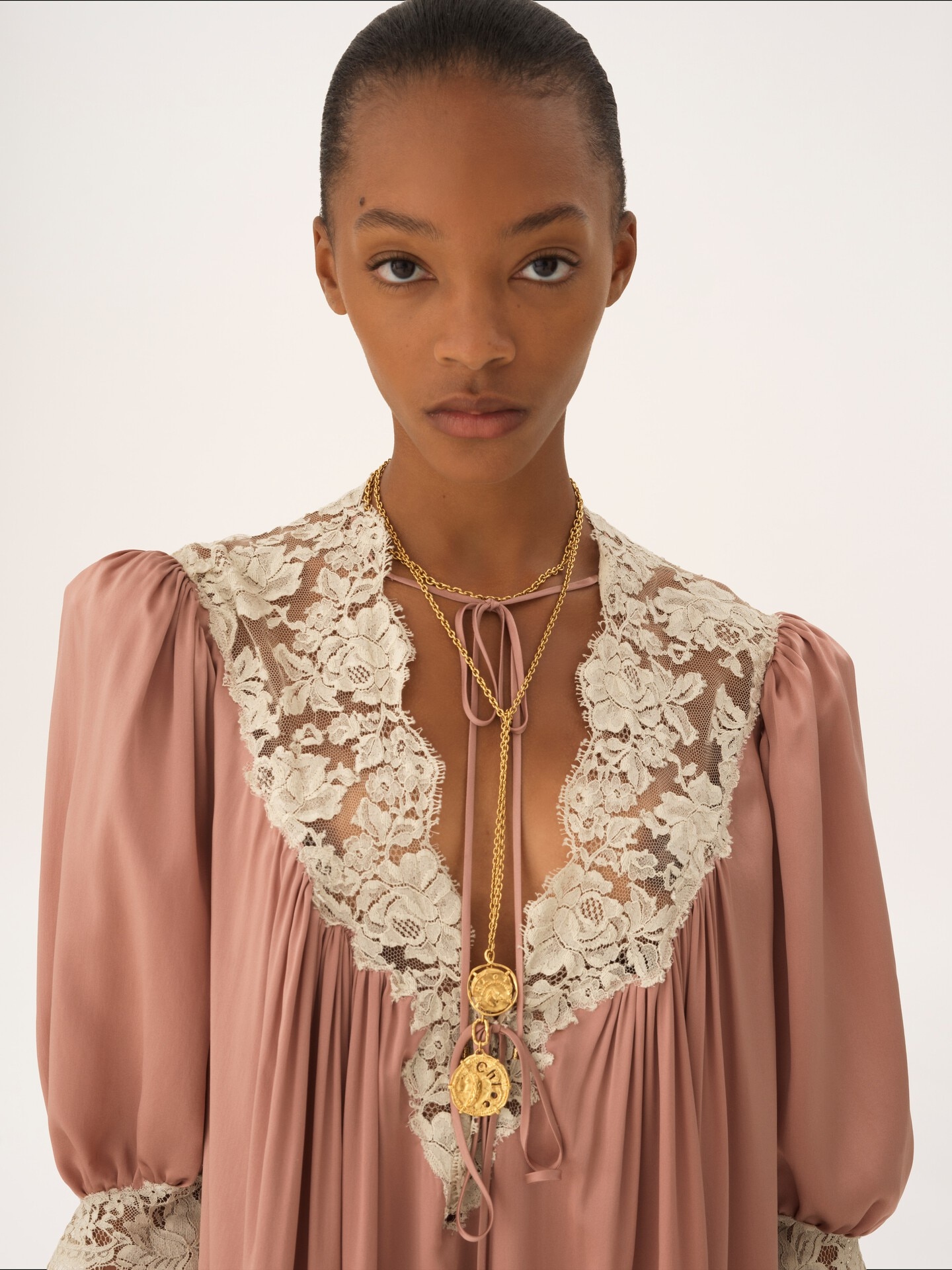 Gathered V-neck mini dress in washed silk satin & lace - 5