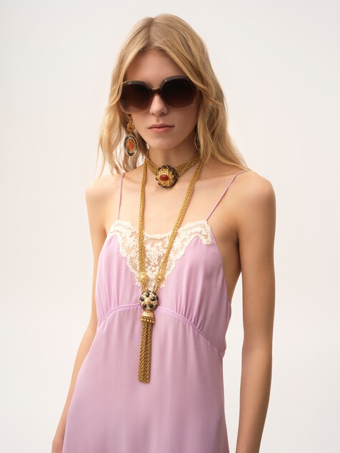 Thin-strap midi dress in crêpe de chine & lace