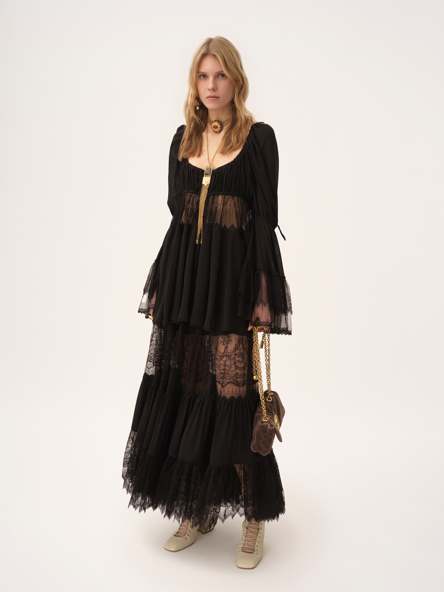 Scoop-neck puff-sleeve top in silk georgette & lace - 3