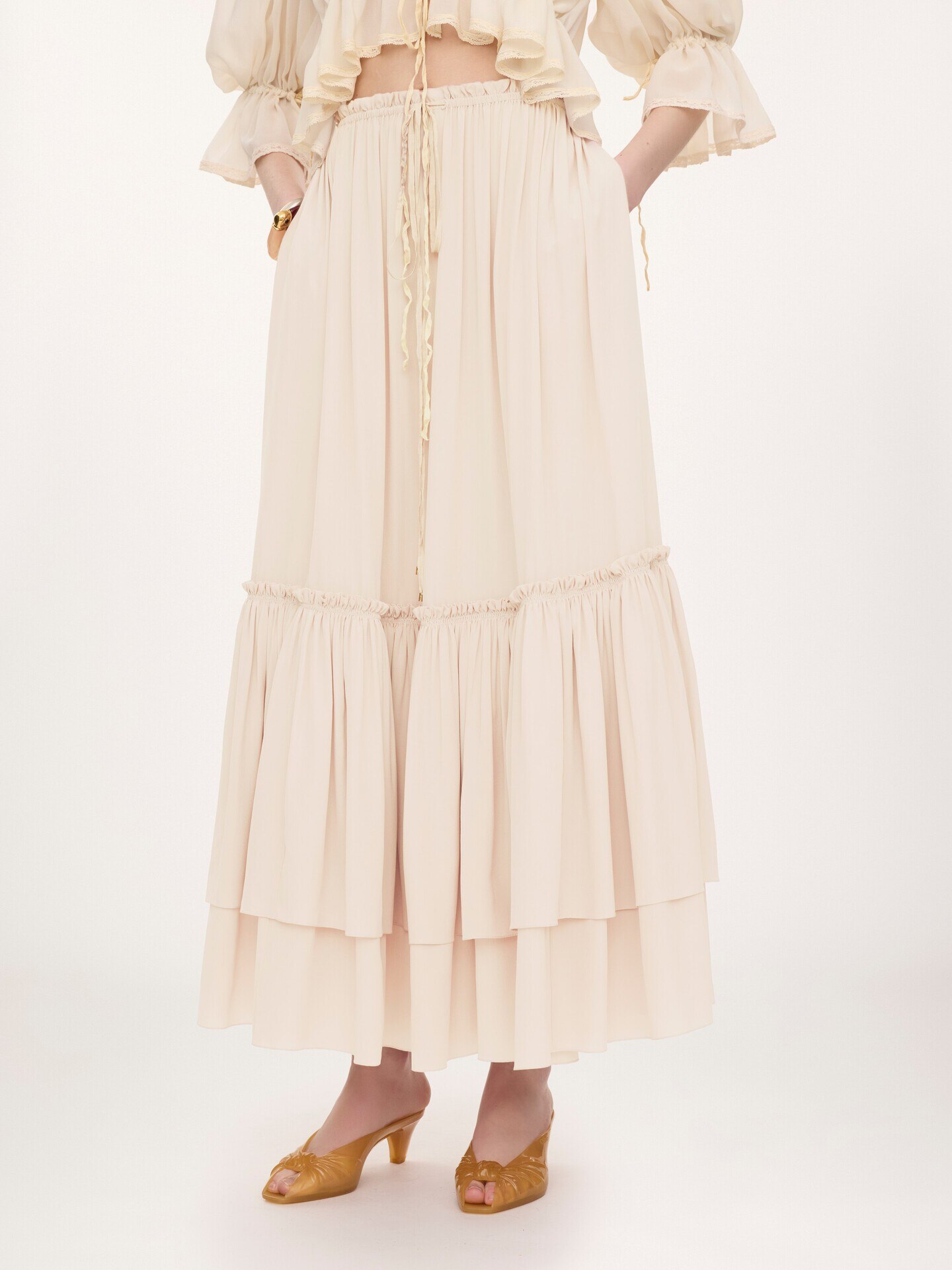 Long ruffled skirt in silk mousseline - 4