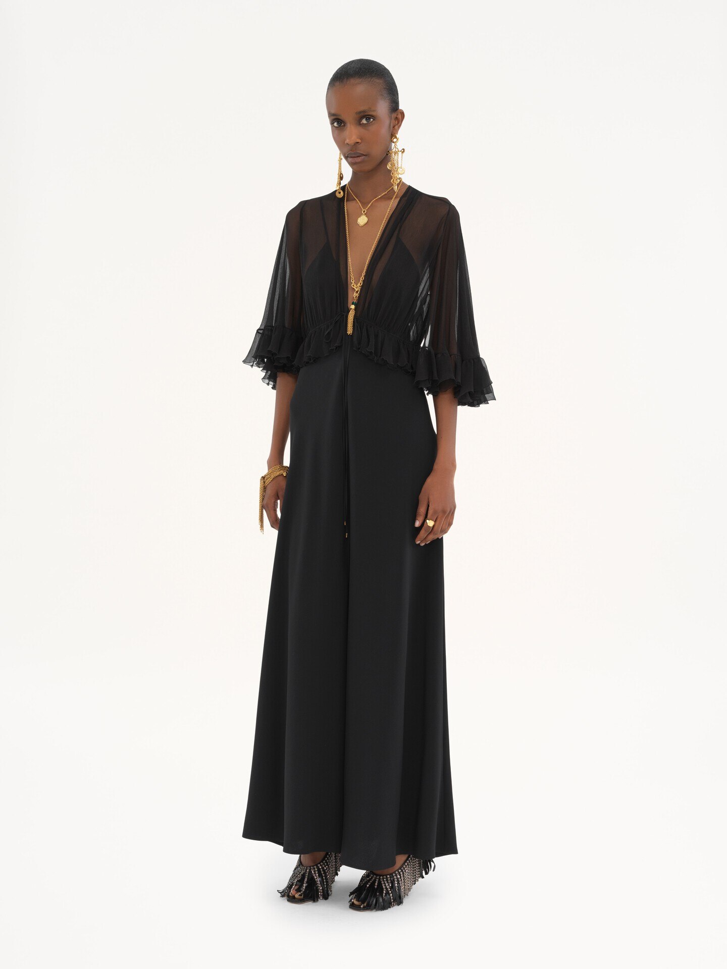 V-neck long dress in cr&ecirc;pe satin - 4