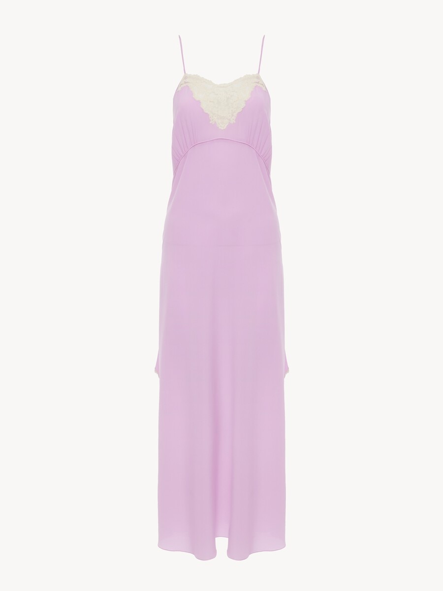 Thin-strap midi dress in cr&ecirc;pe de chine & lace - 1