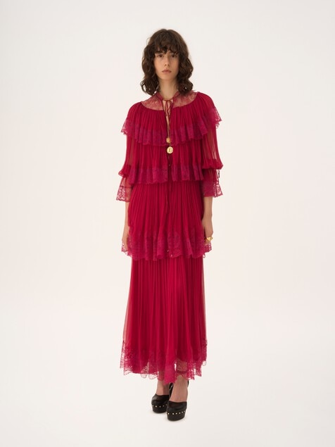 Vestido largo con volantes de muselina de seda y encaje