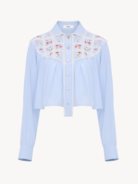 Blusa cropped de seda, popelina de algod&oacute;n y encaje