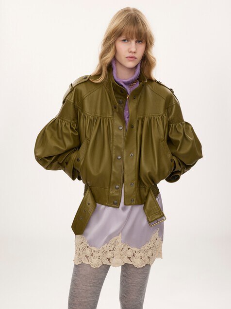 High-neck cropped jacket in leather