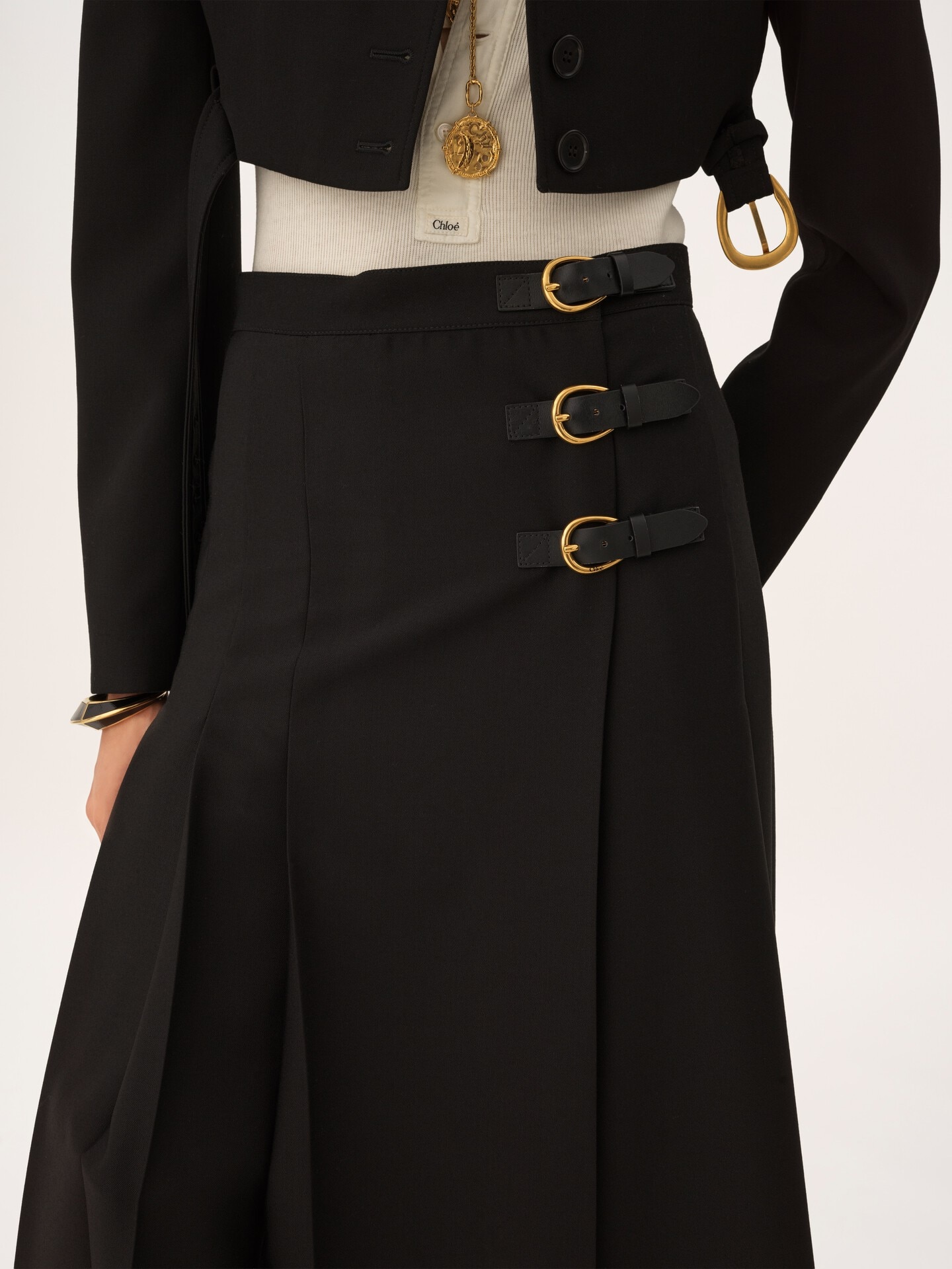 Pleated midi skirt in wool grain de poudre - 8