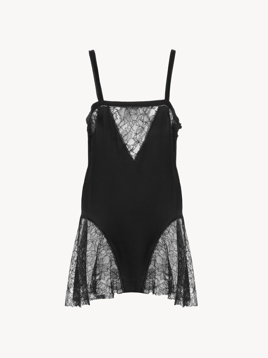 Sleeveless mini dress in silk charmeuse & lace - 1