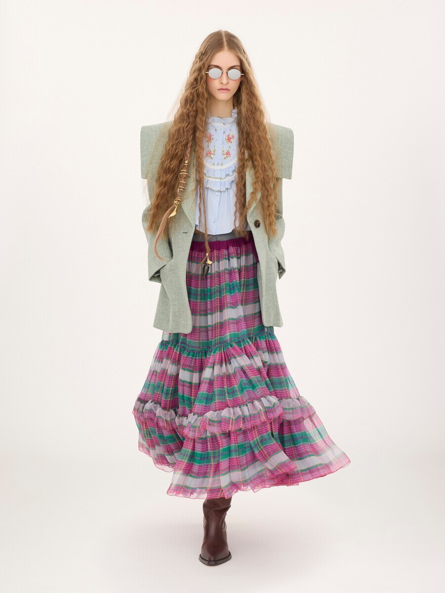 Ruffled long skirt in check silk mousseline - 3