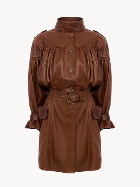 High-neck puff-sleeve leather coat