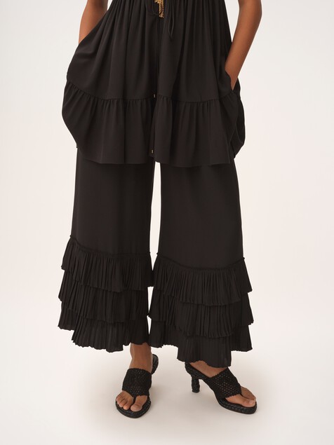 Pantalones fluidos de pernera ancha de crep&eacute; de seda china