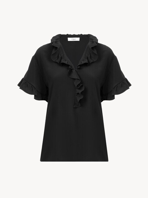Short-sleeve ruffled top in cr&ecirc;pe de chine
