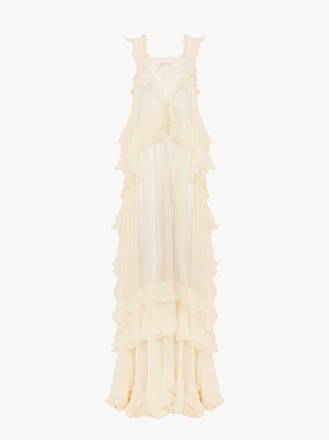 Vestido largo estratificado sin mangas de muselina de seda y encaje