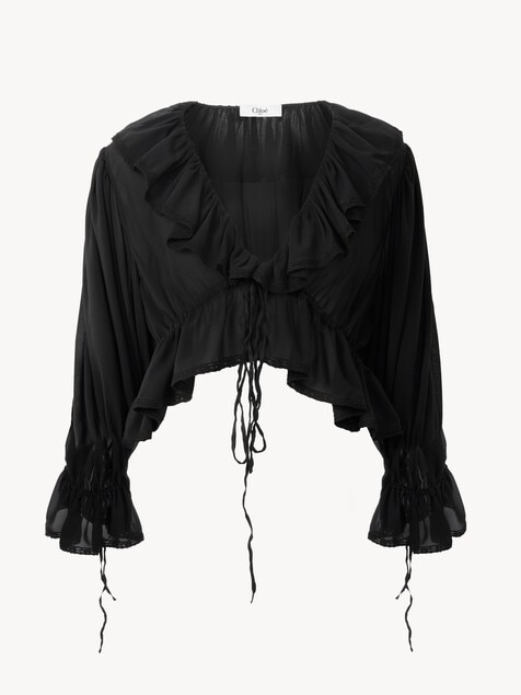 Top cropped con volantes y cuello en&nbsp;V de georgette de seda y encaje