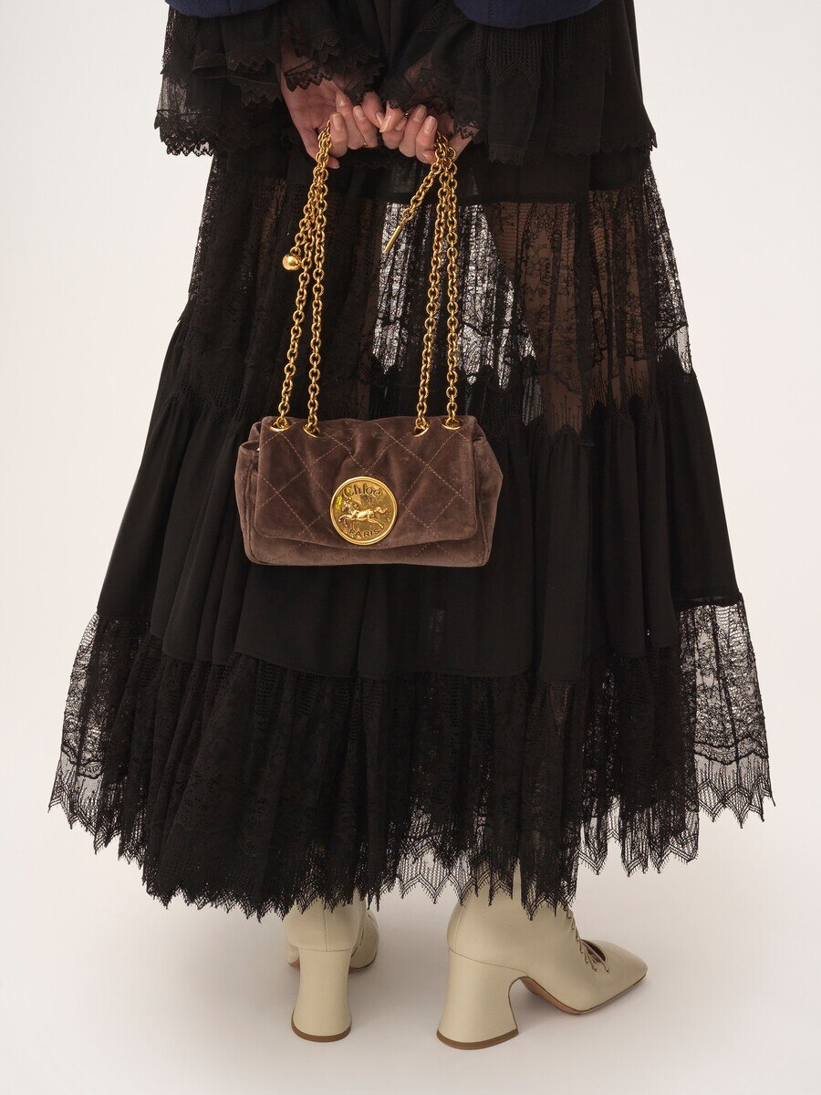 Tiered long skirt in silk georgette & lace - 8