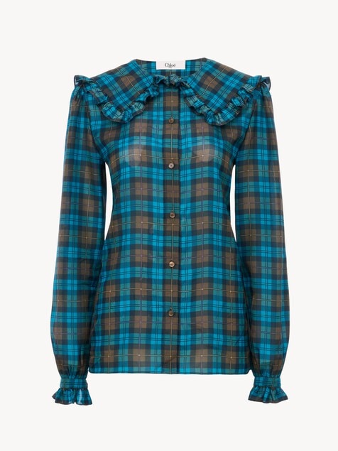 Blusa lavalli&egrave;re con volantes de seda habotai de cuadros