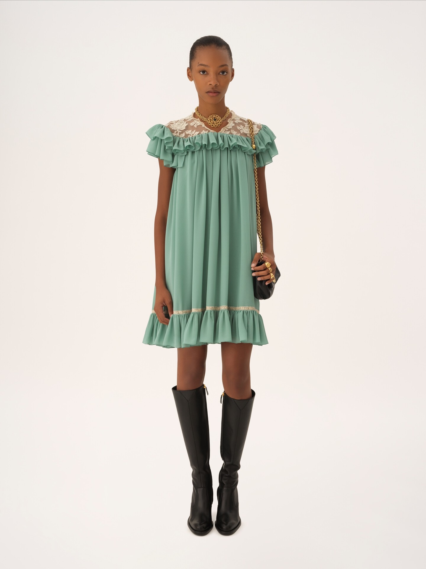 Short-sleeve mini dress in silk georgette & lace - 3