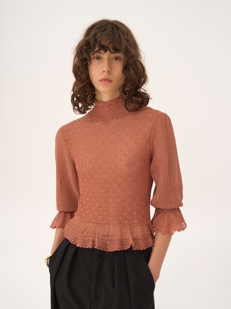 Ruffled puff-sleeve sweater in a lurex knit