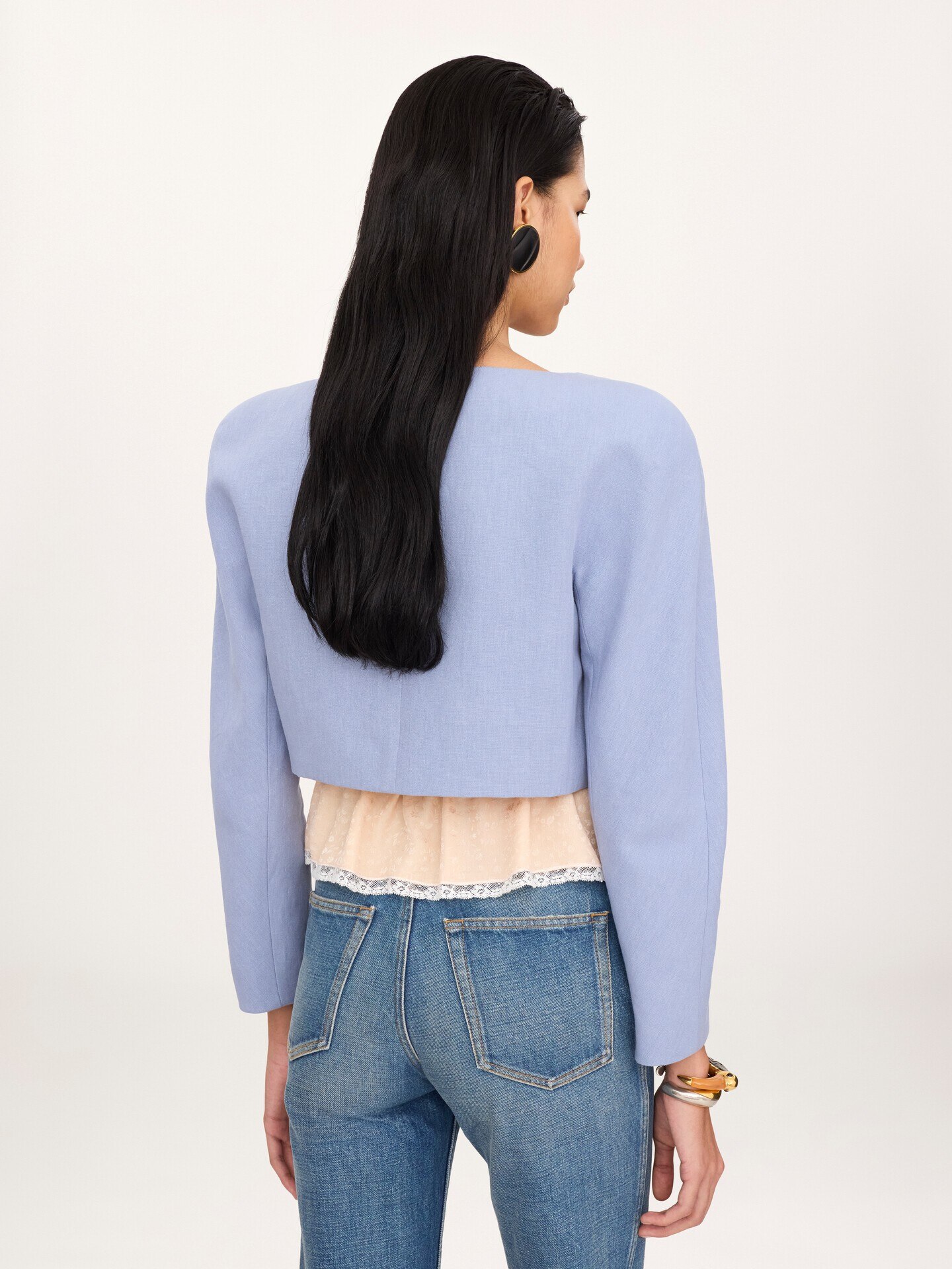 Cropped collarless jacket in linen cr&ecirc;pe - 5