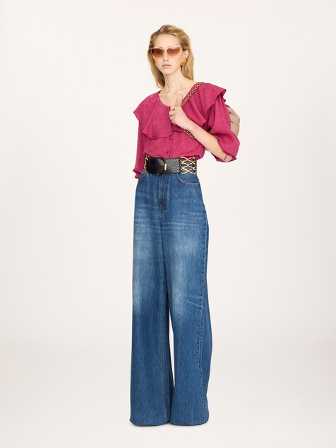 Round-neck ruffle blouse in silk jacquard