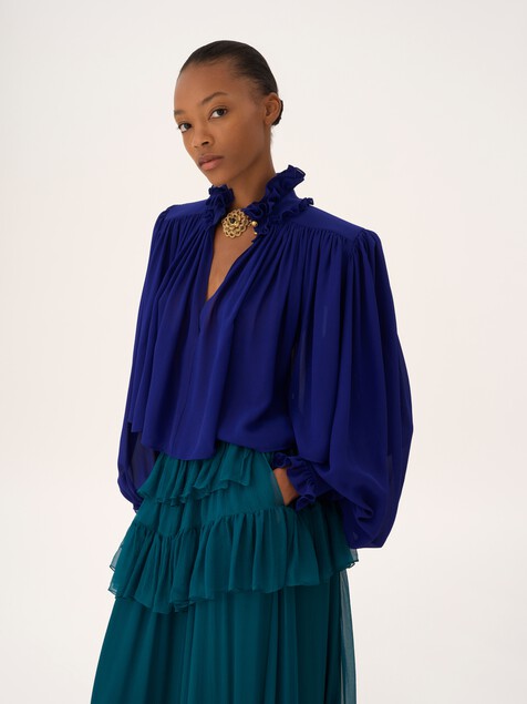 Maxi gathered high-neck top in silk georgette