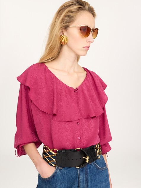 Blusa con cuello redondo y volantes de jacquard de seda