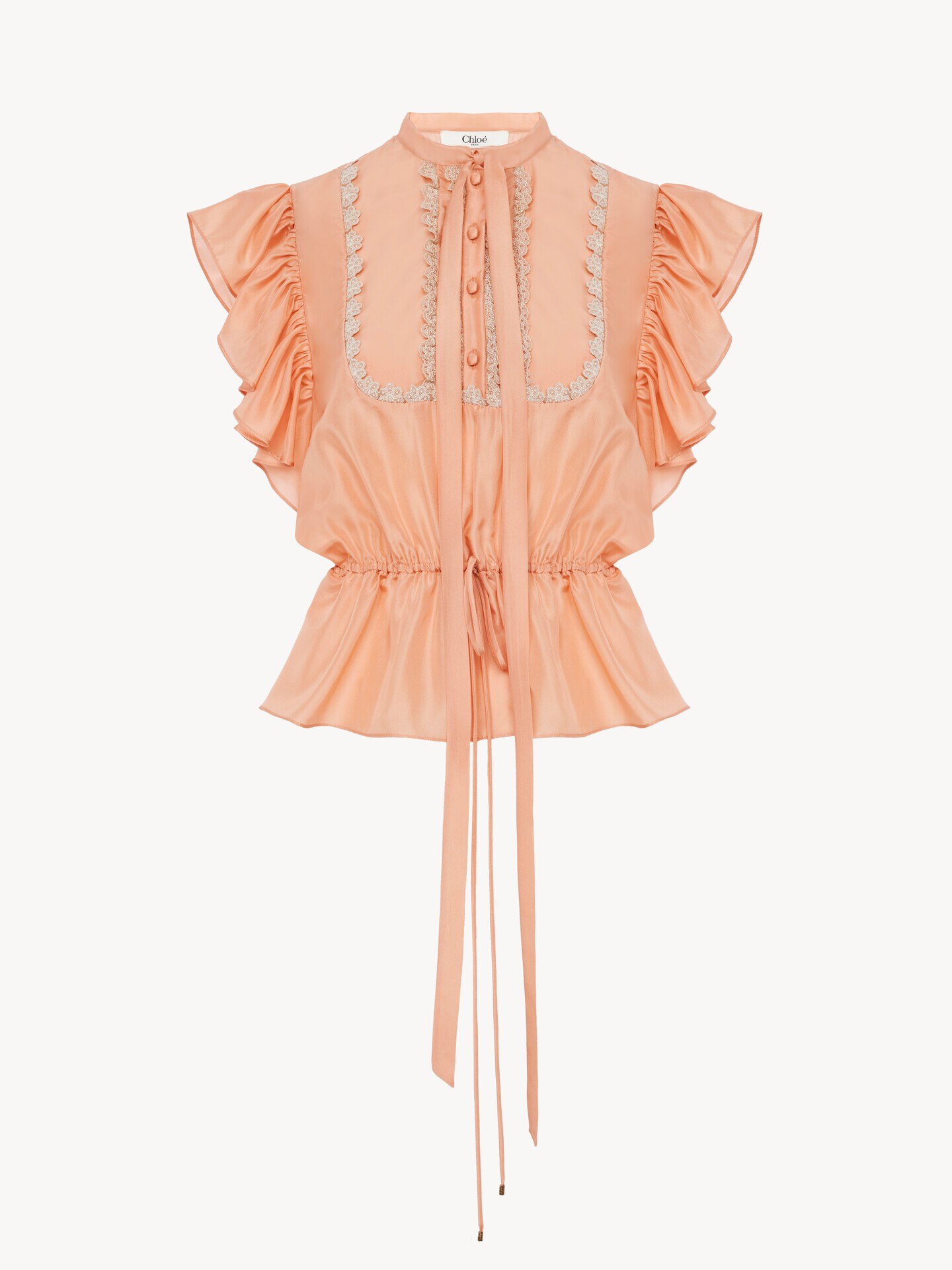 Short-sleeve ruffle top in washed silk habotai & lace - 2