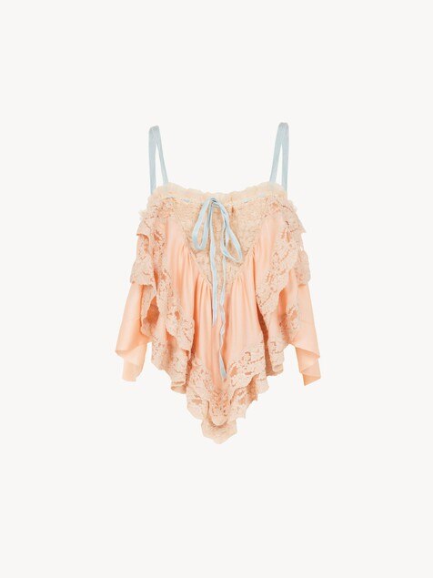 Ruffled camisole top in silk charmeuse & lace