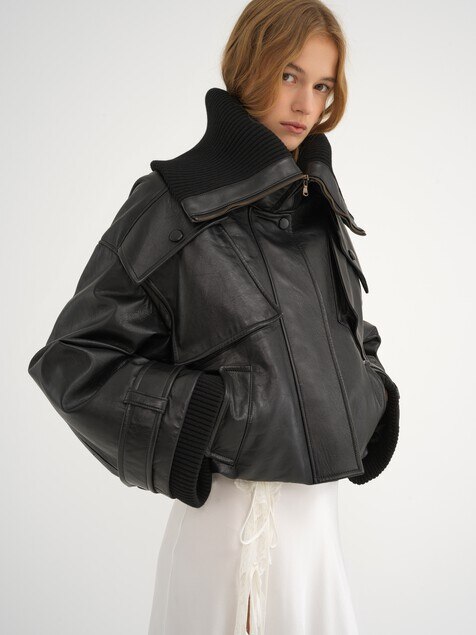 Short bomber jacket in soft leather