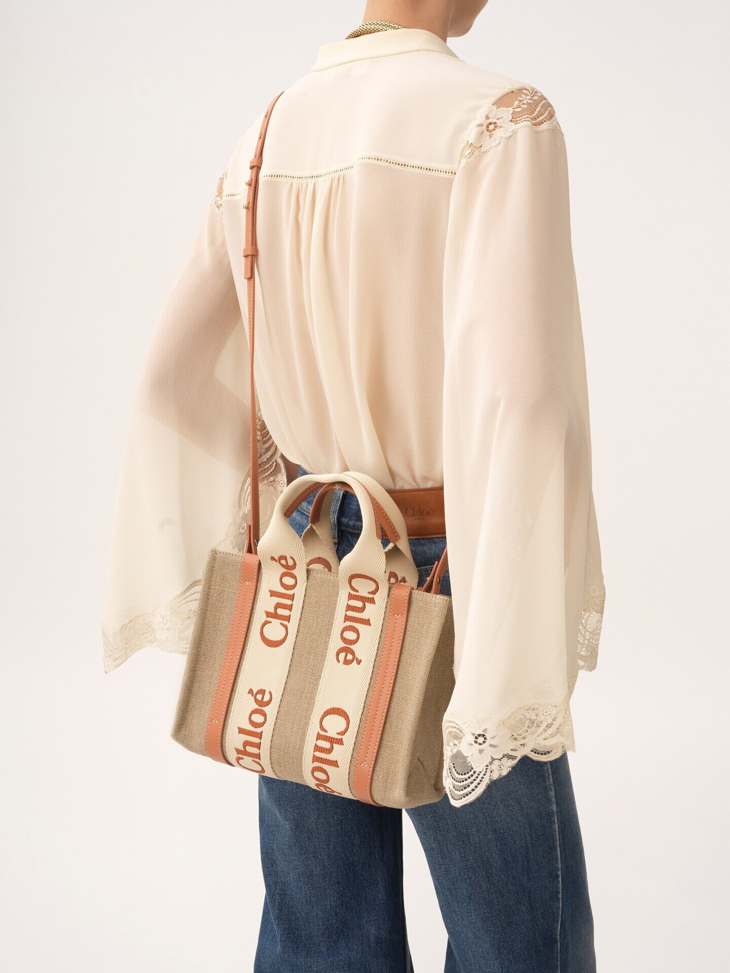 Small Woody tote bag in linen - 3