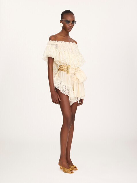 Mini off-the-shoulder playsuit in washed silk satin & lace