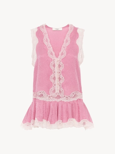 Sleeveless peplum top in silk jacquard & lace