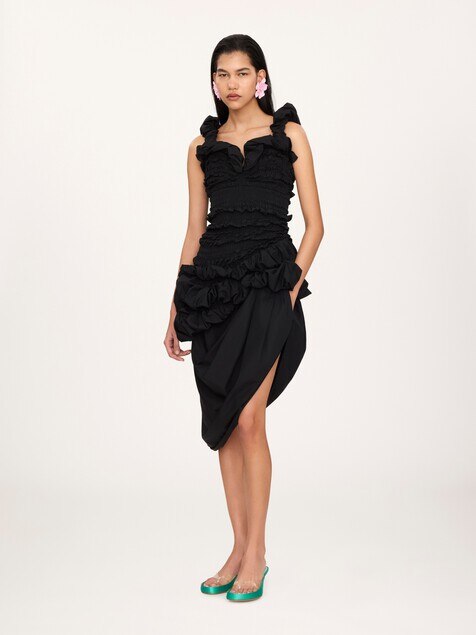 Ruched bustier midi dress in cotton poplin