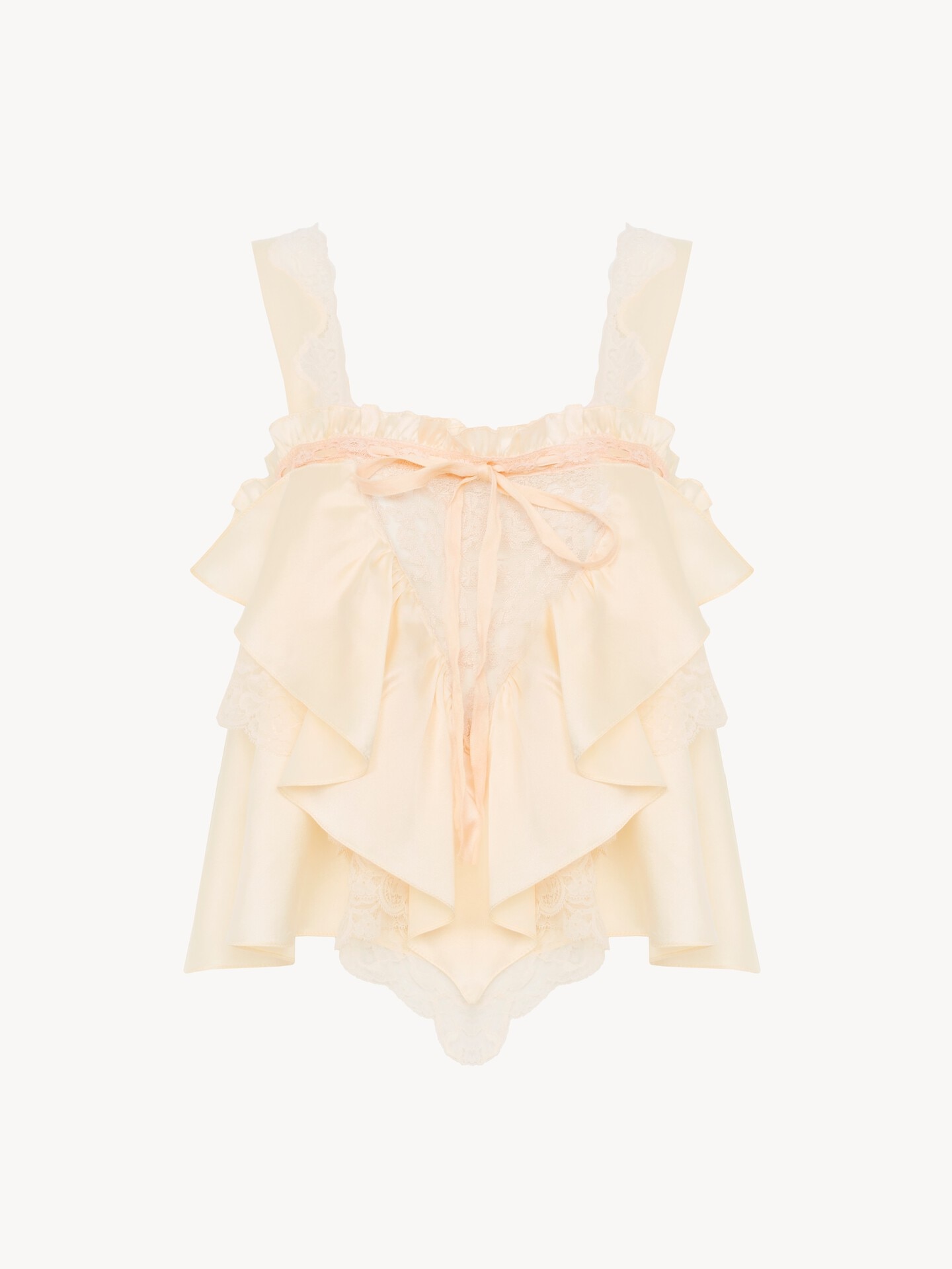 Sleeveless ruffle top in washed silk satin & lace - 2
