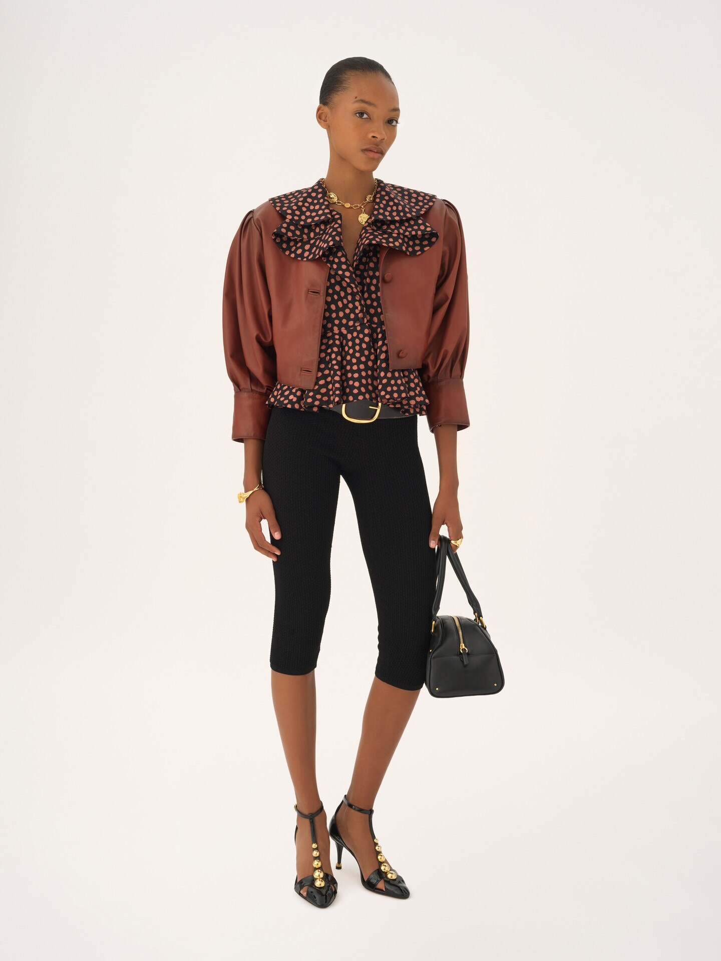 Chaqueta cropped sin cuello de cuero - 3