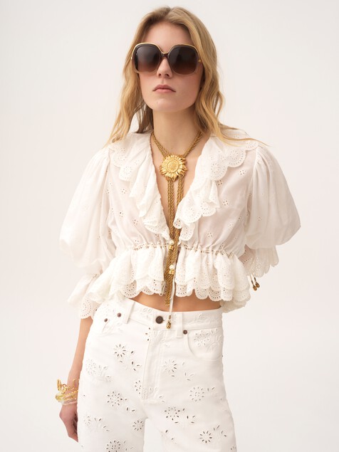 V-neck ruffle top in cotton voile