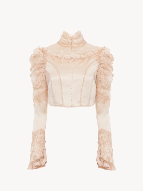 Cropped fitted jacket in silk duchess satin & lace