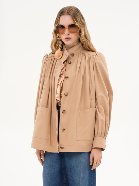 High-neck gathered jacket in cotton gabardine
