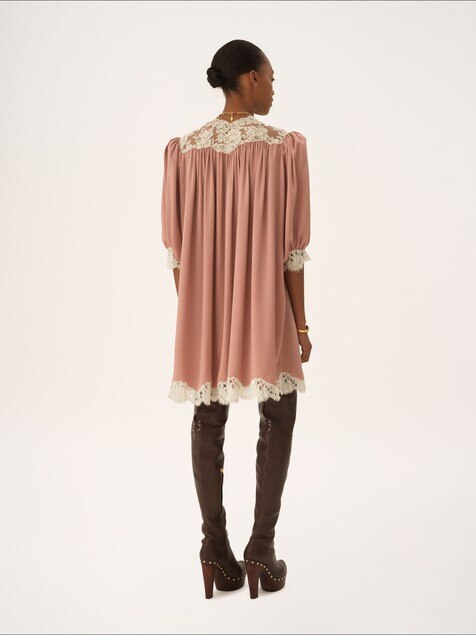 Gathered V-neck mini dress in washed silk satin & lace