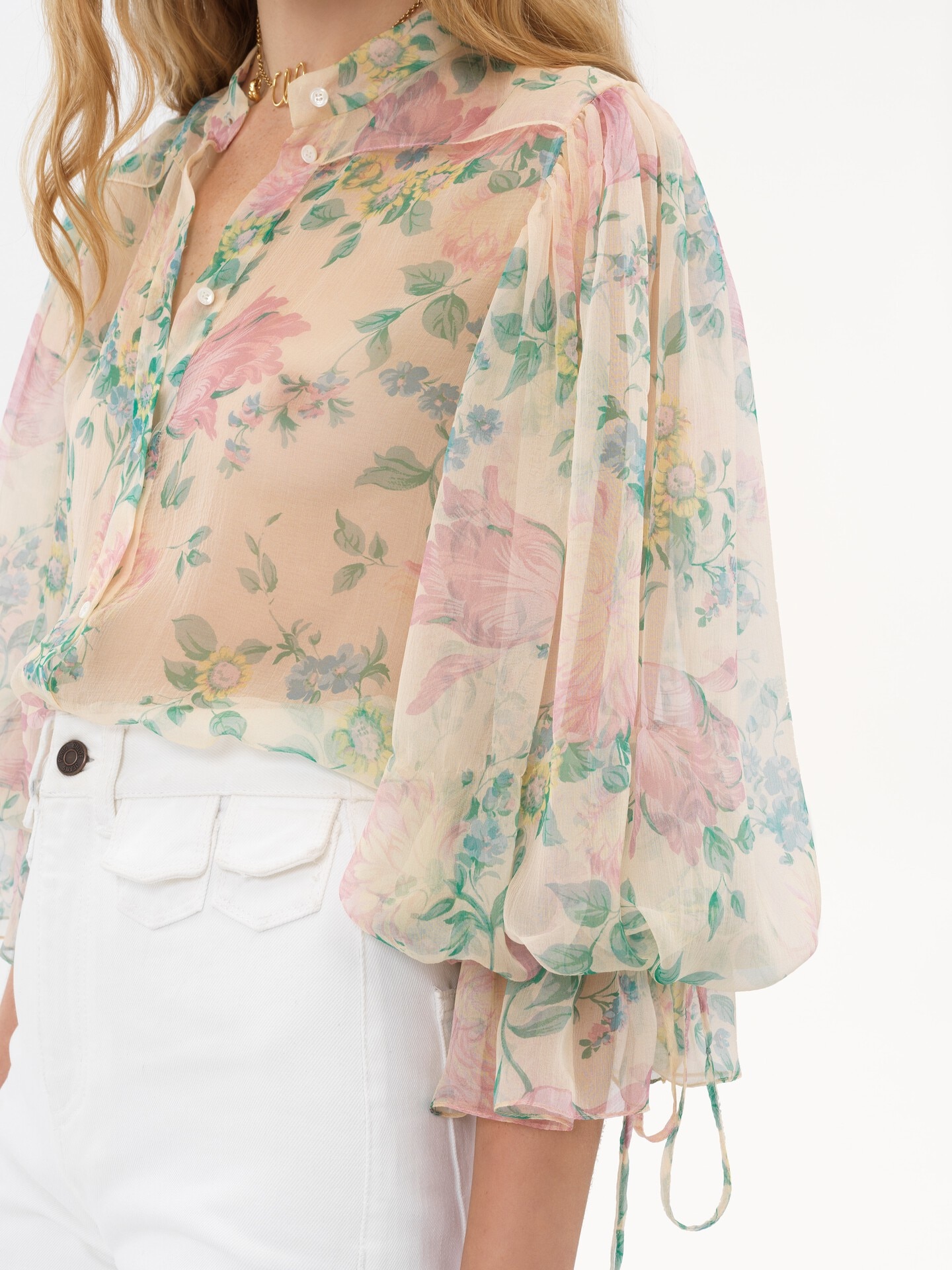 Puff-sleeve blouse in silk mousseline - 6