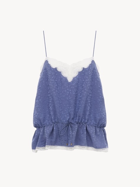Drawstring camisole top in silk jacquard & lace