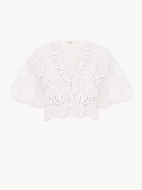 Cropped V-neck ruffle top in cotton voile