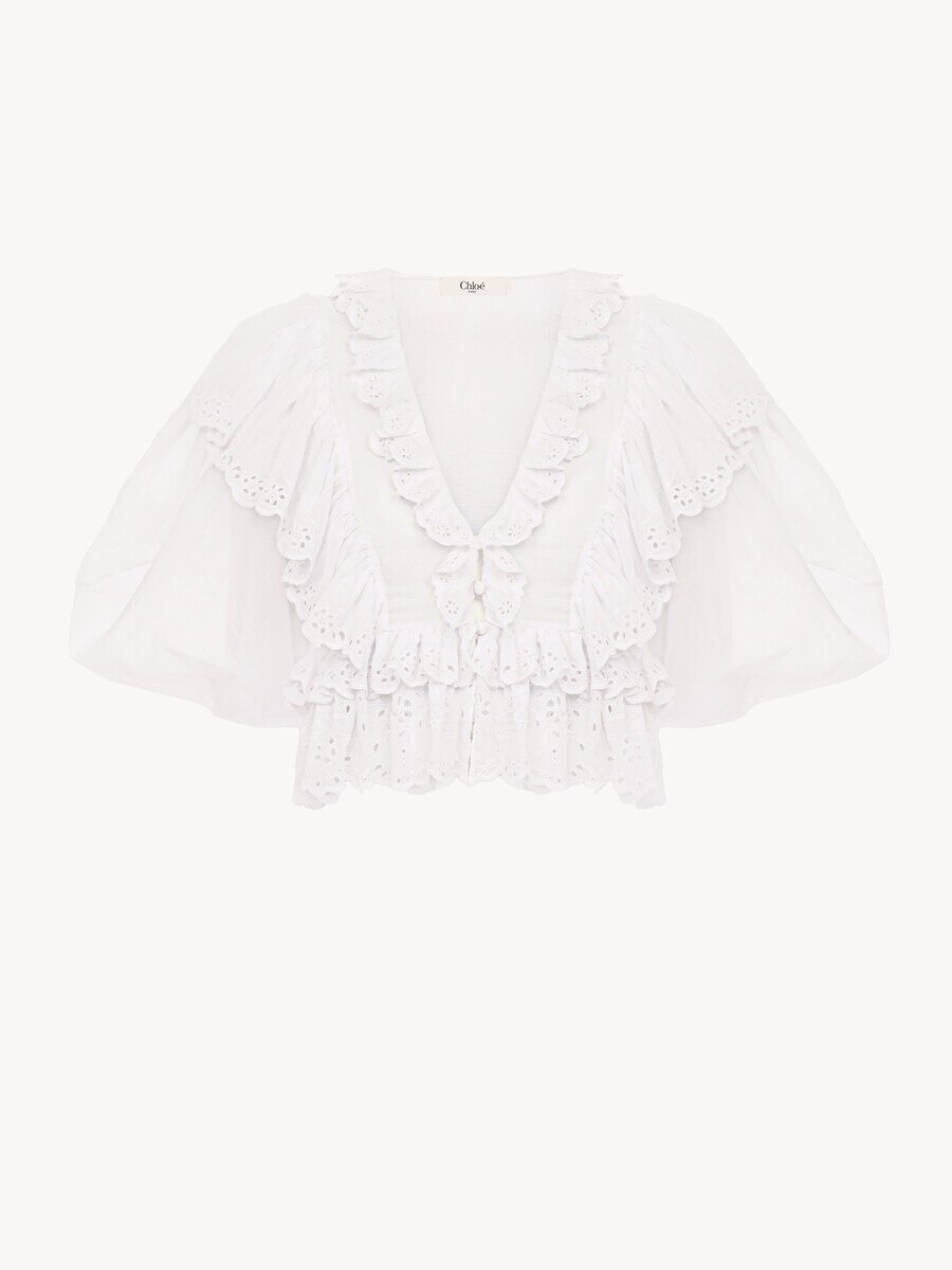 Cropped V-neck ruffle top in cotton voile - 2