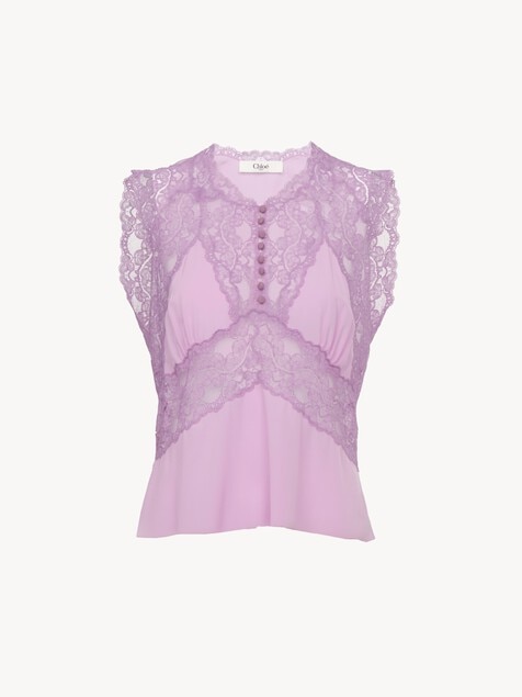 V-neck top in crêpe de chine & lace