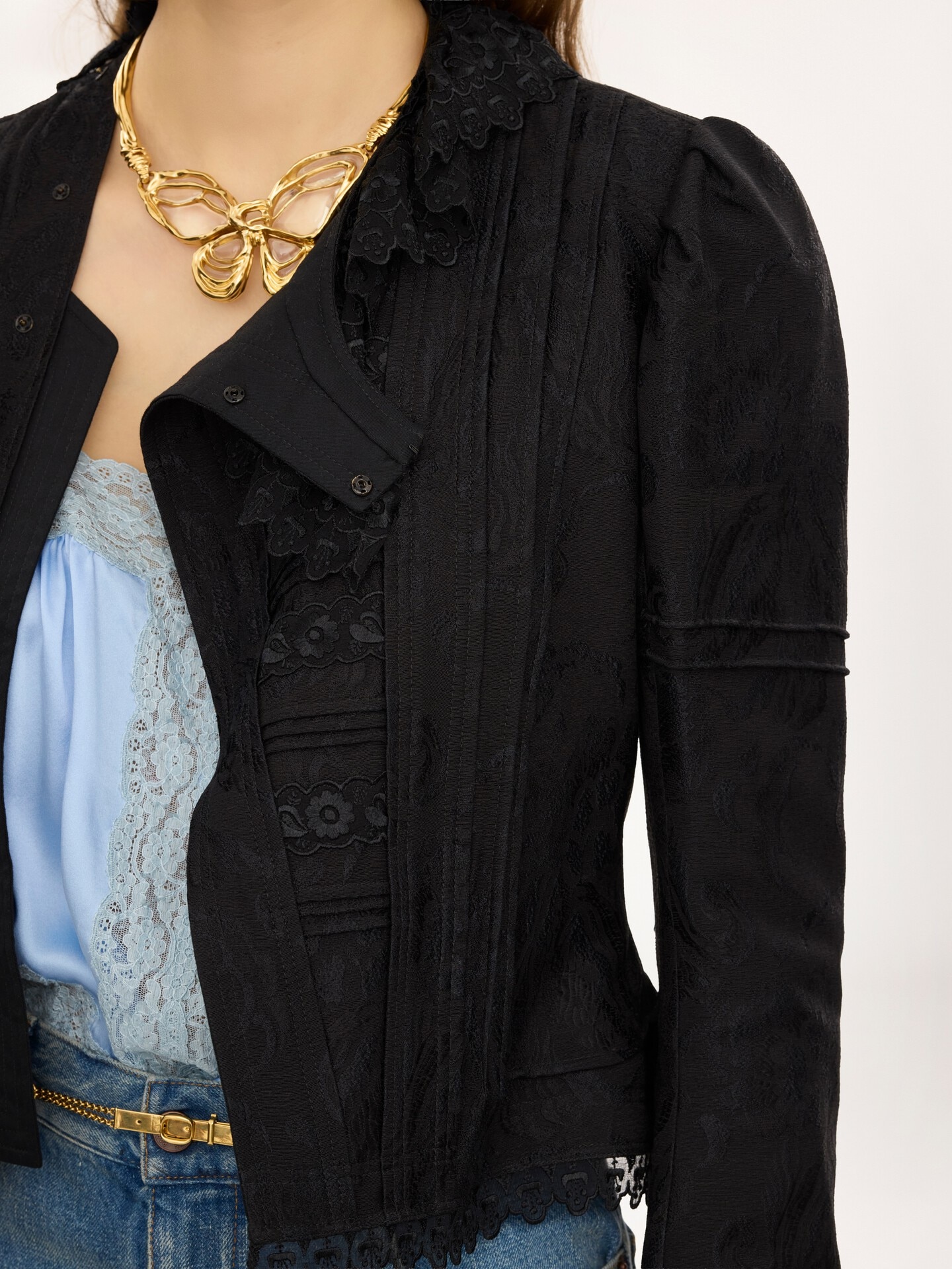 Fitted jacket in silk-blend jacquard & lace - 5